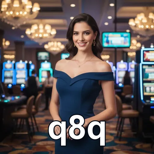 Usuária sorridente acessa o site q8q em um cassino.