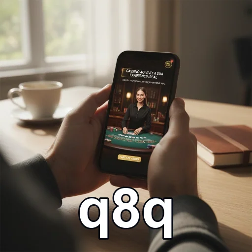 Jogador usando o aplicativo q8q para cassino ao vivo no celular.