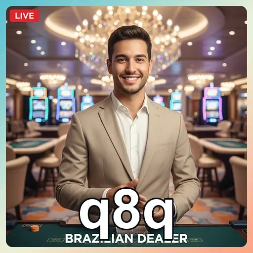 Dealer brasileiro sorridente interagindo com jogadores na q8q.