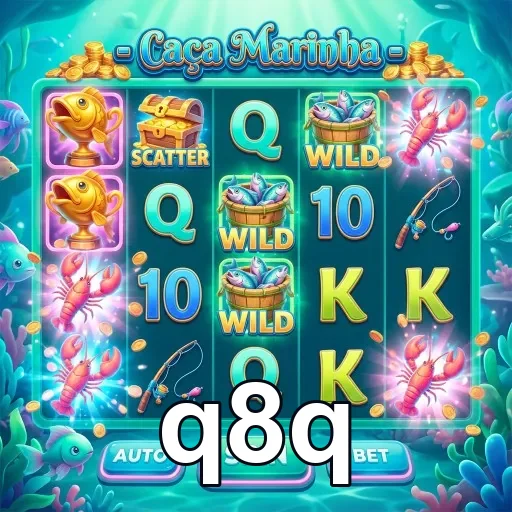 Slot do jogo 'Caça Marinha' no q8q, mostrando símbolos coloridos.