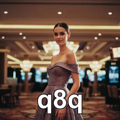 Mulher elegante em ambiente de cassino destacando q8q.