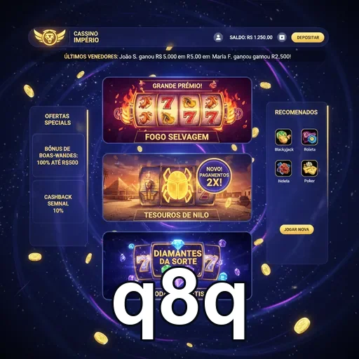 Interface do site q8q exibindo ofertas de prêmios e jackpots.