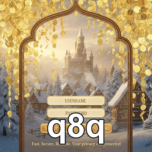 Tela de login do q8q mostrando moedas e um castelo.