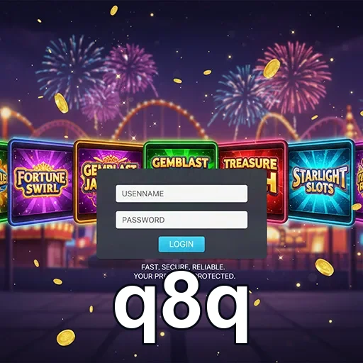 Tela de login do q8q com slots e fogos de artifício ao fundo.