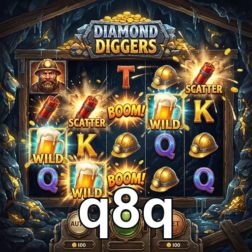 Tela do jogo Diamond Diggers na plataforma q8q com símbolos ativos.