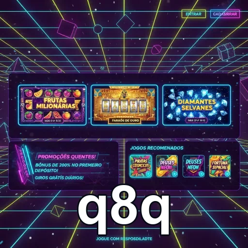 Tela do site q8q com jogos de slots e promoções visíveis.