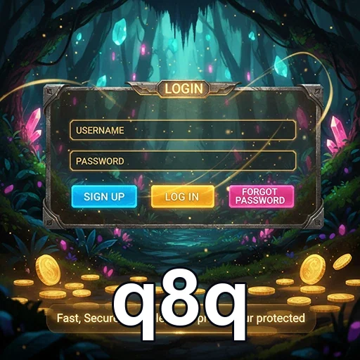 Tela de login do q8q com ícones de segurança e moedas.