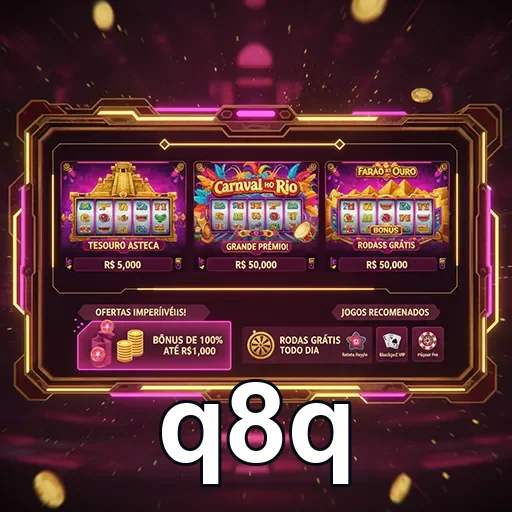 Tela do aplicativo q8q mostrando slots e bônus VIP.