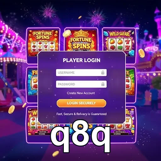 Tela de login da plataforma de jogos q8q com slots populares.
