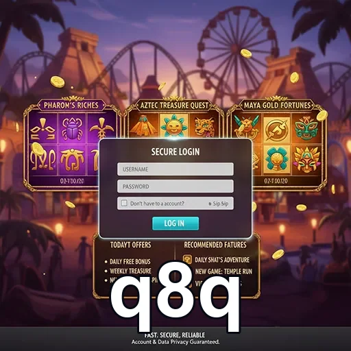 Tela de login seguro do q8q com jogos populares ao fundo.