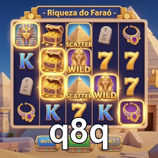 Interface do aplicativo q8q com jogo Riqueza do Faraó exibida.