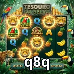 Interface de slot Tesouro da Selva na q8q com símbolos e bônus.