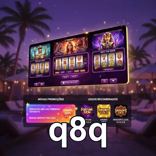 Interface de slots do cassino online q8q exibindo promoções.