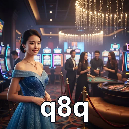 Jogadora em cassino q8q com máquinas de slots ao fundo.