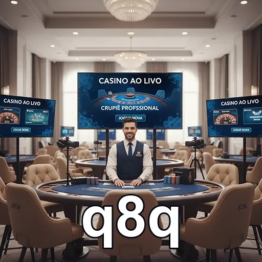 Crupiê profissional em ambiente de cassino ao vivo no q8q.