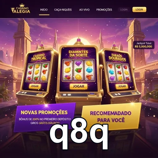 Interface de jogos do q8q com slots e promoções visíveis.