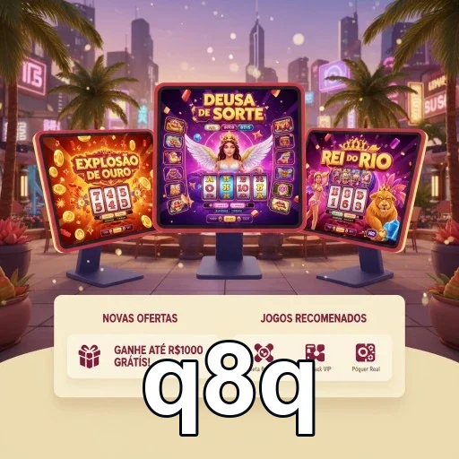 Interface do q8q com jogos VIP e slots rápidos exibidos.
