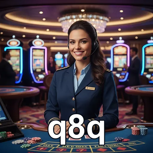 Atendente do q8q em um cassino com máquinas de slots ao fundo.