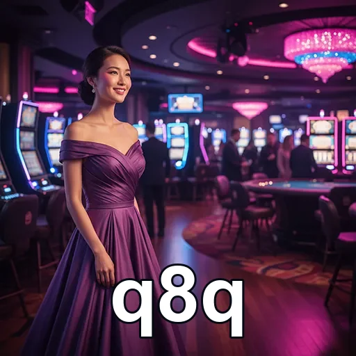 Jogadora elegante no casino do q8q com máquinas de slots ao fundo.